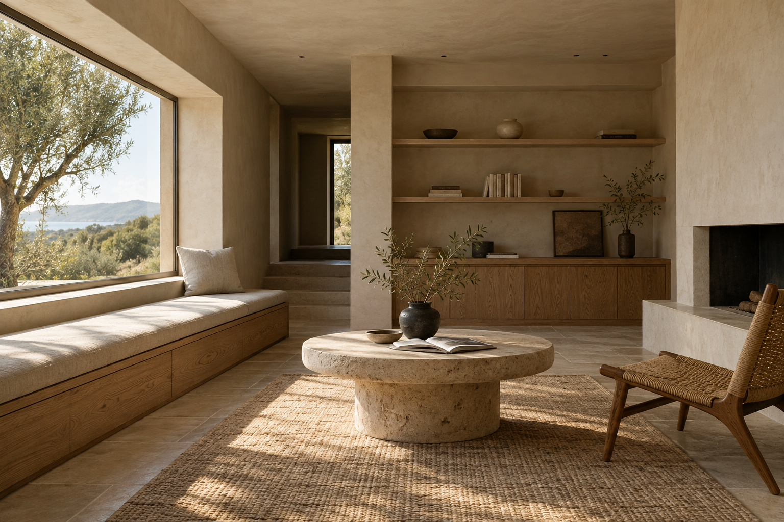 Concept reading room with textured pale plaster, an oak bench, limestone table and daylight through a recessed window.